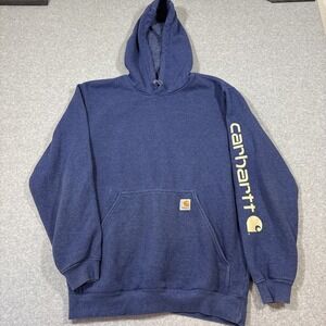 Carhartt Hoodie Mens Sz M Blue Loose Fit Sleeve Graphic Fleece Sweatshirt K288